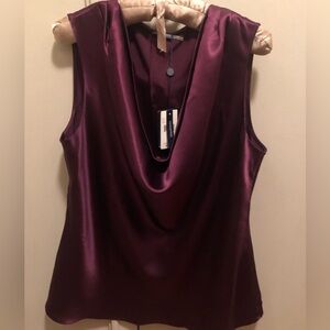 NWT Gorgeous Magaschoni Deep Purple Satin Drape Front Blouse w/ Crystal Buttons